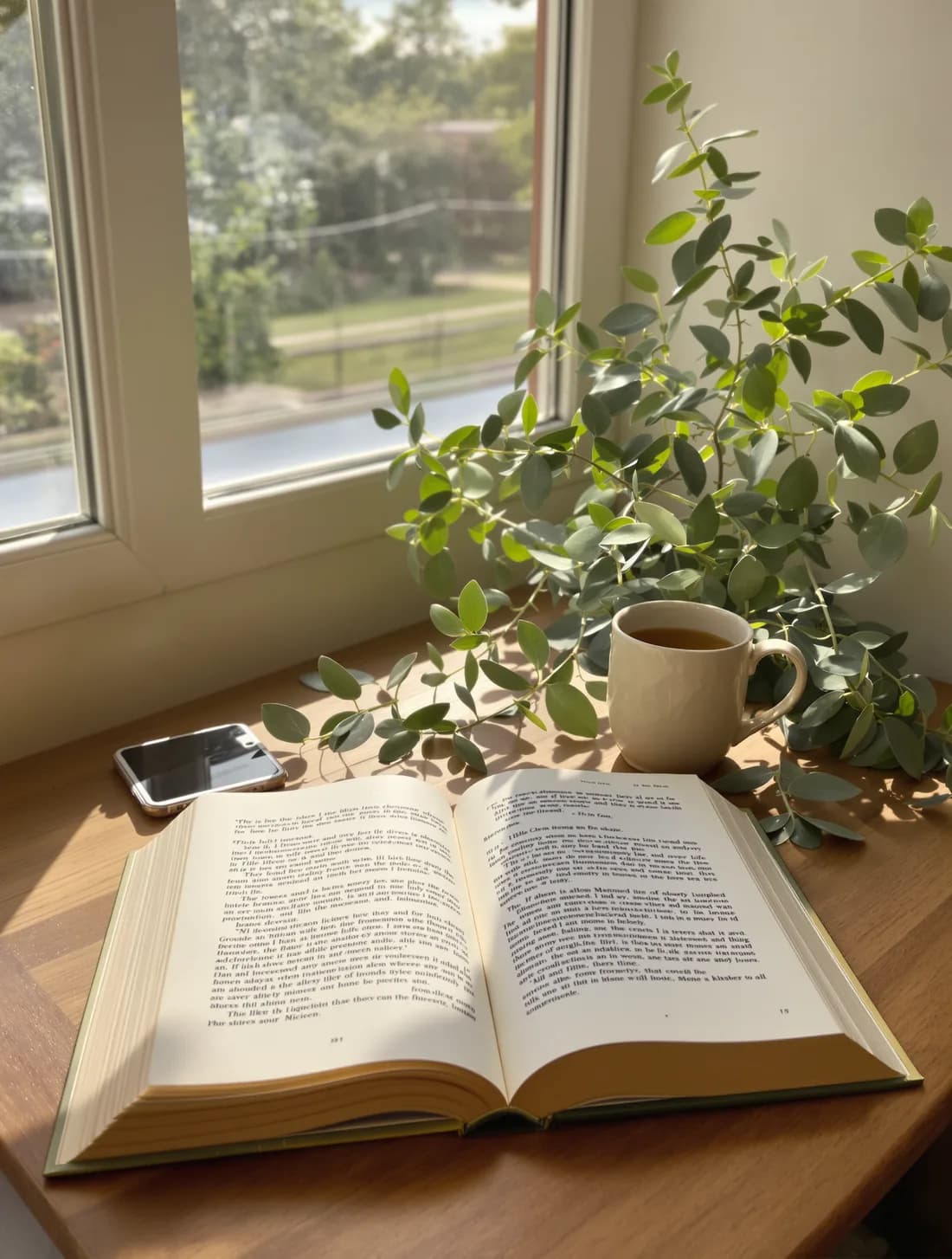 Un rincón sereno con un libro abierto, té y plantas bajo una luz cálida